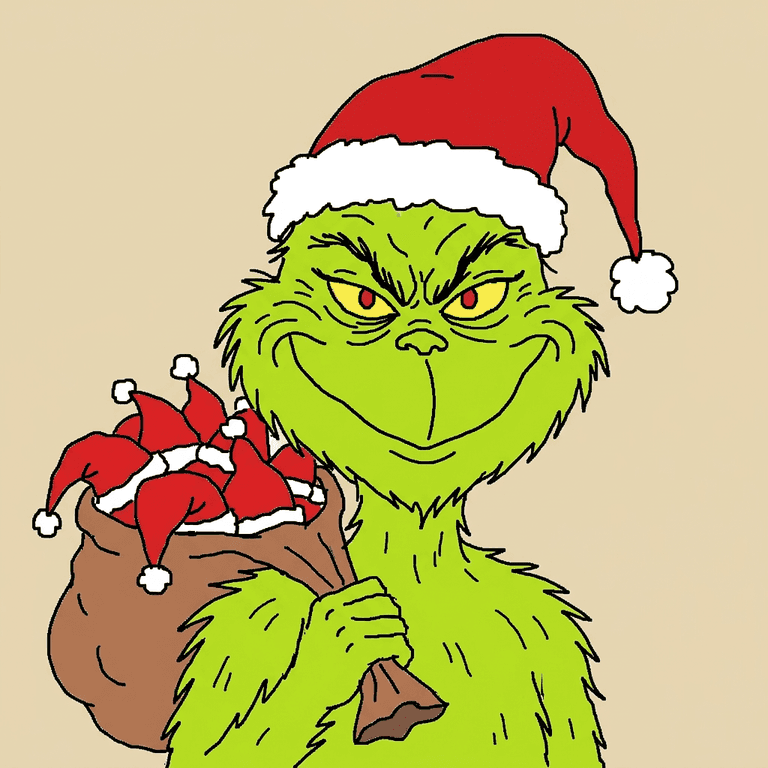 The Grinch in a Santa hat, grinning, with a sack of stolen Santa hats